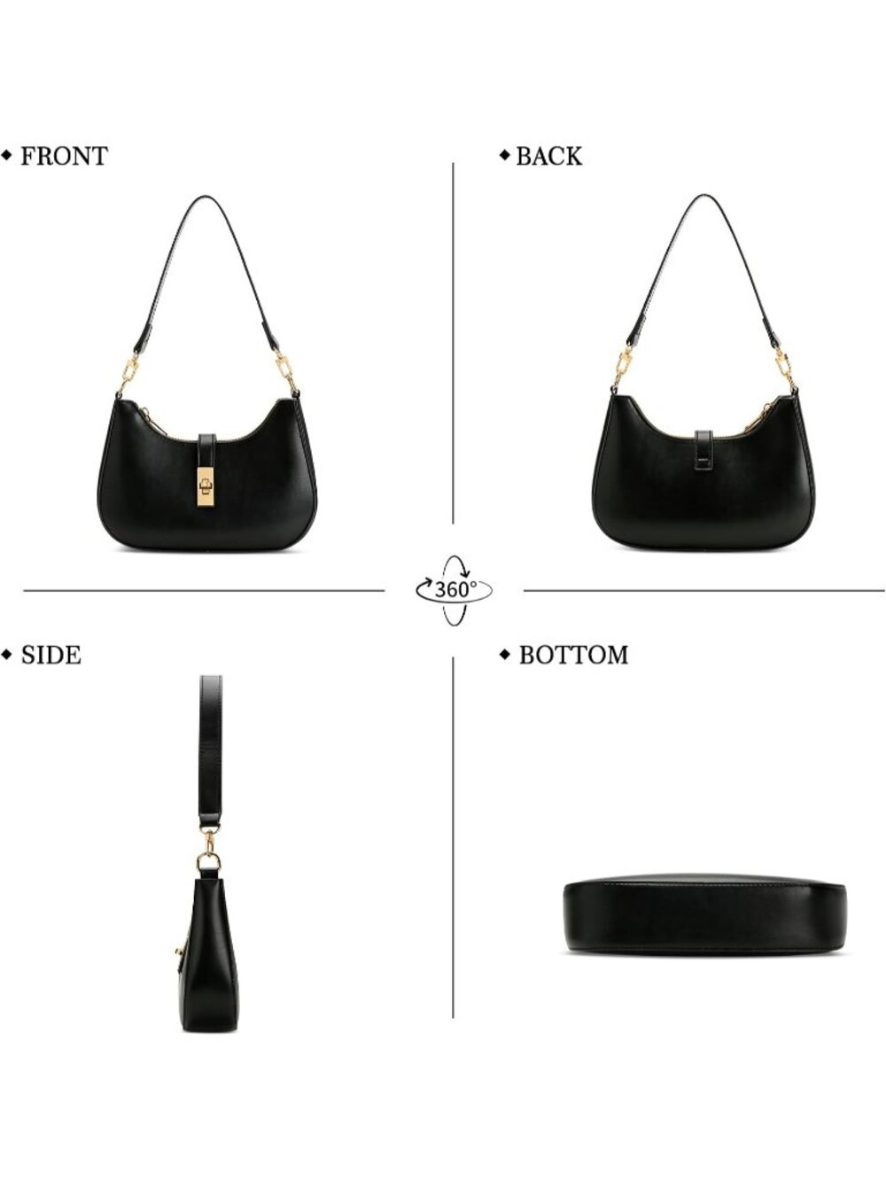 Women's Black Vegan Leather Hobo Gold Buckle Retro Shoulder Crossbody Bag - Picture 6 of 6